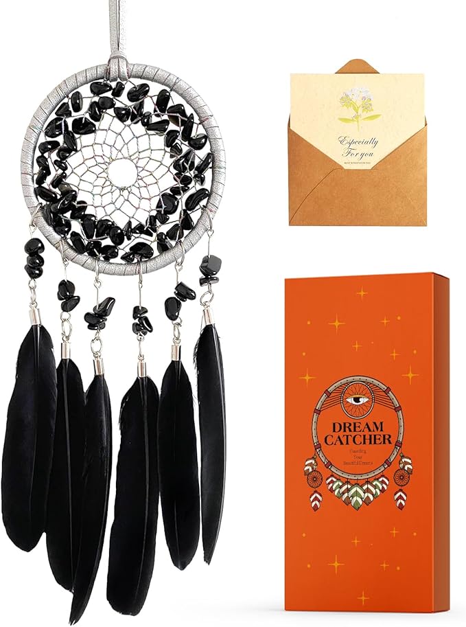 Car Rear View Mirrior Hanging Accessories Black Dream Catcher Small, Crystals Stones Feather Pendant Interior Rearview Mirror Decoration