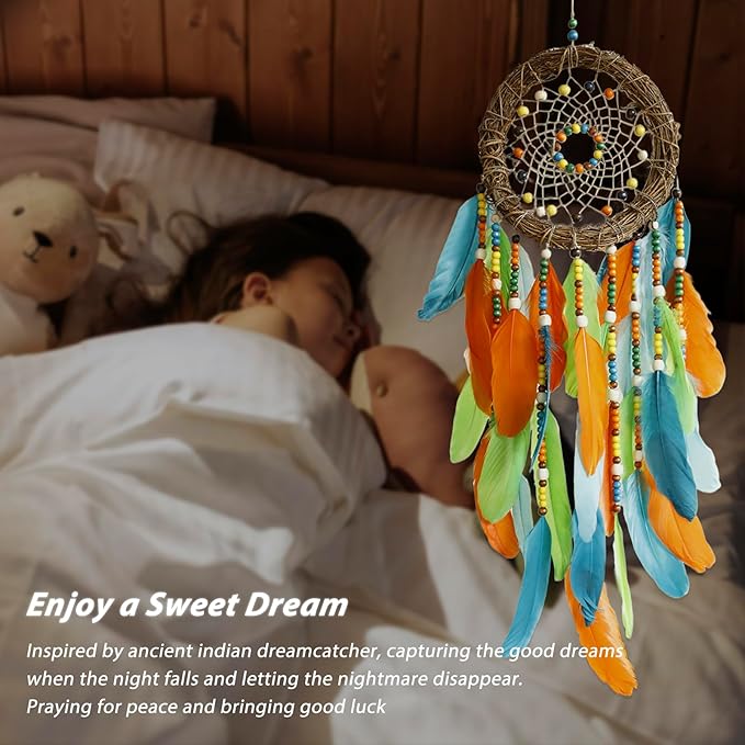 Dream Catcher Native American Boho Dreamcatcher Rattan Wall Decor, Handmade Natural Goose Feathers Blue Beaded Hanging Wall Art Indian Decor for Bedroom Living Room