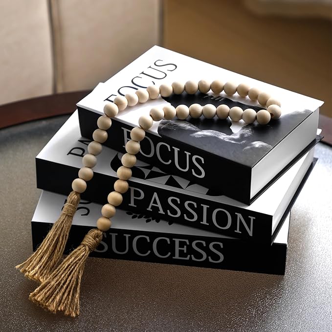 Menkxi 6 Motivational Decorative Books with Wood Bead Tassel Garland - Modern Faux Books for Office Desk, Bookshelf & Coffee Table Decor - Inspirational Aesthetic Black & White Fake Book Box Set