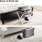 HITNET White Luggage Rack, Set of 2, Folding Suitcase Stand with Storage Shelf, Bamboo Luggage Holder with 5 Nylon Straps for Guest Room Bedroom Hotel