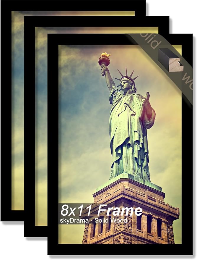 100% Solid Wood 8x11 Picture Frame Set of 3, Black Frame for 8 x 11 Inch Picture Poster Photo, Light Weight 8 by 11 HQ Matte Black Frame for Wall - 3 Pack/Black/8"x11"