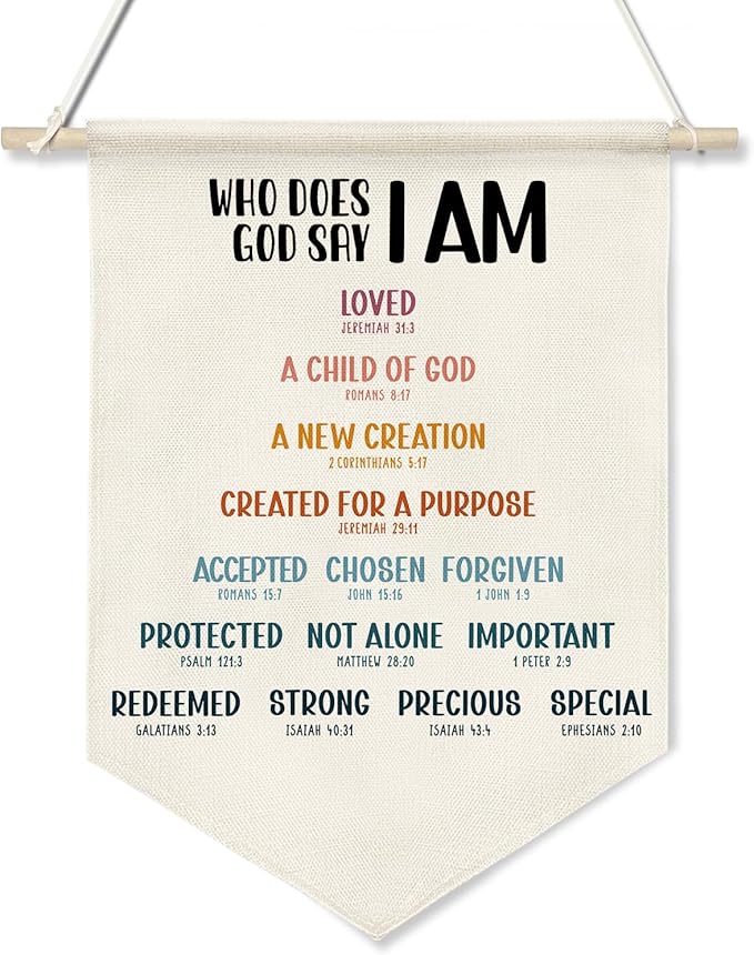 Who God Says I Am Wall Hanging Banner,Christian Bible Verse Canvas Poster, Bible Wall Art for Women, Teens, or Kids, Faith-Based Decor with Wooden Rod, 11x16 Inch(KD14)