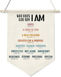 Who God Says I Am Wall Hanging Banner,Christian Bible Verse Canvas Poster, Bible Wall Art for Women, Teens, or Kids, Faith-Based Decor with Wooden Rod, 11x16 Inch(KD14)