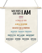 Who God Says I Am Wall Hanging Banner,Christian Bible Verse Canvas Poster, Bible Wall Art for Women, Teens, or Kids, Faith-Based Decor with Wooden Rod, 11x16 Inch(KD14)