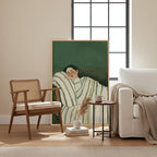 Framed Woman Bedroom Wall Art, Large Cozy Woman Canvas Painting for Room Decor, Relaxing Minimalist Artwork for Walls, Green Picture Print for Nursery Guest Room Hallway Wall Art Decor, 24x36 Inch