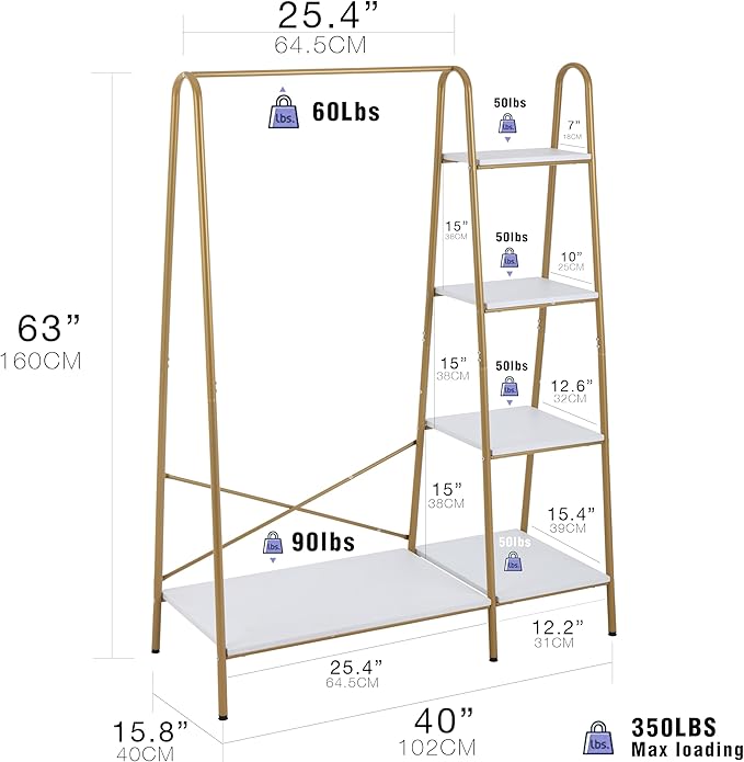 Finnhomy Clothes Rack, Clothing Rack for Hanging Clothes Heavy Duty Garment Rack with 5 Wood Shelves Freestanding Portable Closet Organizer for Bedroom/Entryway/Boutiques，Gold