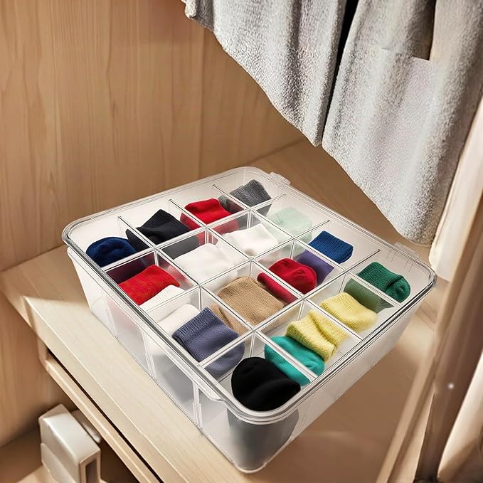 Slomg Sock Underwear Dresser Drawer Organizer with Dividers, Clear 16 Grids Plastic Storage Box Bin with Lid, Small Parts Bead Container for Jewelry Earring Scarves Ties Bras Crafts Fishing Tackle