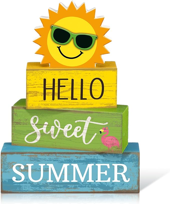 Yuntau 4 Pcs Summer Table Decoration Hello Sweet Summer Tiered Tray Decor Rustic Wood Flamingo Centerpiece Summertime Decorative Block Signs Farmhouse Tabletop Decor for Home Kitchen Shelf Office