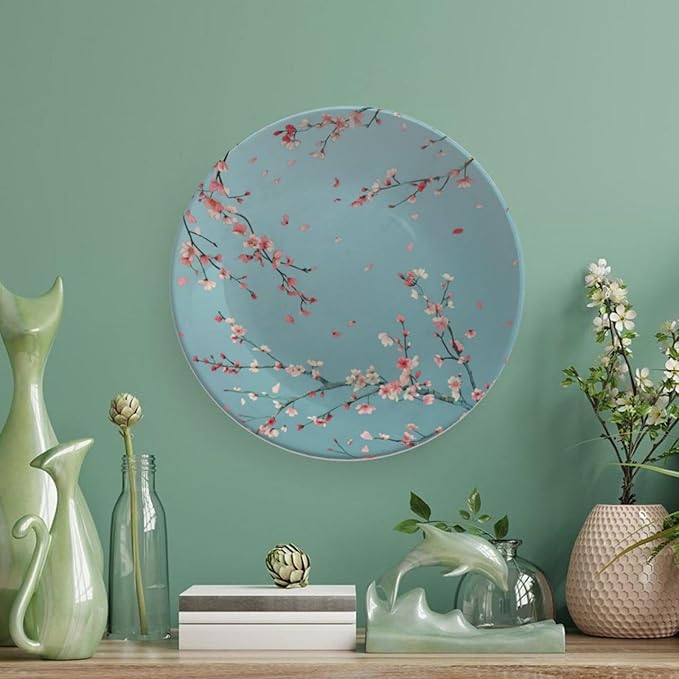Japanese Spring Theme Decorative Ceramic Plate Round Porcelain Plate,Sakura Tree Branches Pattern,for Decorative Ornaments Giving Plates, 1 Plate with 1 Display Stand,Blue Pink,8 inch