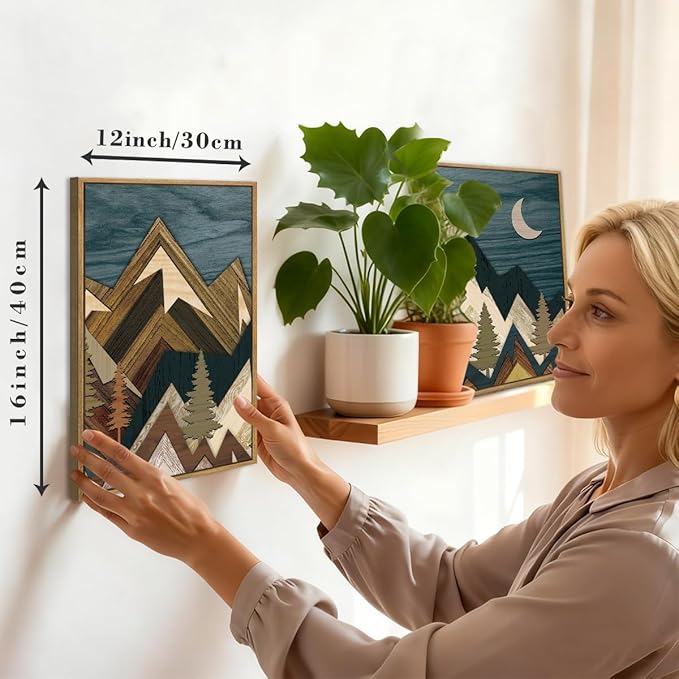 BINCUE Boho Mountain Wall Art Framed Landscape Wall Decor Modern Nature Artwork Mountains Wall Pictures Moon Art Landscape Paintings Rustic Prints for Farmhouse Bedroom Living Room Office 12x16 Inch 3 Piece
