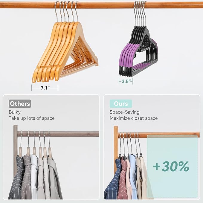 Pack of 30 Coat Hangers, Space-Saving Plastic Clothes Hangers, Non-Slip, 0.2 Inches Slim, 360° Swivel Silver Hook for Shirts, Pants, Suit & Wet/Dry Garments, Purple and Black