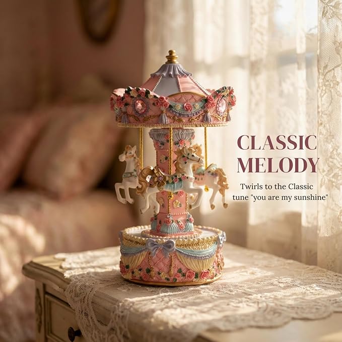 Vintage Carousel Horse Music Box - Rotating Horse Musical Figurine Carrusel De Navidad, Ideal Birthday, Christmas, Valentine's Day Gift for Girls, Women, Girlfriend, Mom Home Décor & Gift(Pink)