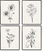 Framed Black and White Bathroom Wall Art, 4 Piece Vintage Floral Canvas Prints Artwork for Farmhouse, Rustic Minimalist Flower Botanical Pictures for Bedroom Living Room Wall Decor, 8x10x4 (Pack)