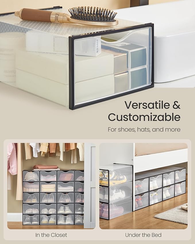 SONGMICS Shoe Boxes, Shoe Storage Organizers Rack for Closet, Plastic Stackable Sneaker Containers Case, 12 Pack, Transparent and Ink Black ULSP312B01