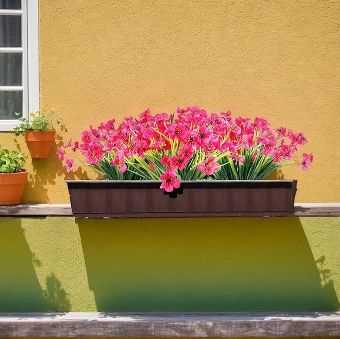12Pcs UV Resistant Artificial Flowers Artificial Violet Outdoor Decor Realistic Faux Plants Silk Flowers No Fade for Patio Hanging Baskets Garden Pots Farmhouse Yard (Rose Red)