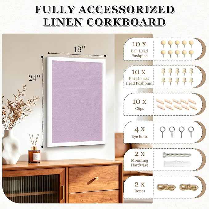 DOLLAR BOSS Bulletin Board with Linen Double-Sided 24" x 18" Linen Cork Boards for Walls Picture Display Vision Board for Office Home School Framed Picture Pin Board, 20 Pushpins 10 Clips, Purple