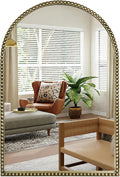 Antique Gold 24"x36" Arched Wall Mirror with Metal Beaded Frame - Decorative Accent Wall Mirror for Bathroom, Bedroom, Living Room, Entryway
