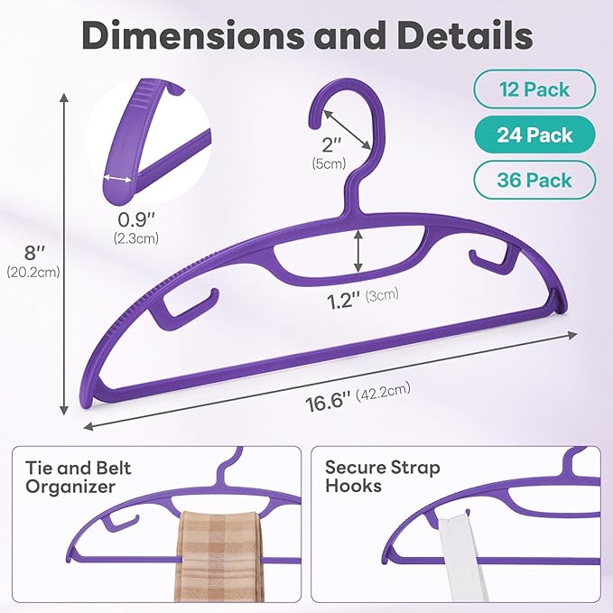 HOUSE DAY Plastic Clothes Hangers 24 Pack, Sweater Hangers No Shoulder Bump, Thick Heavy Duty Coat Hanger for Closet, Purple Wide Hanger with Non-Slip Hook for Sweaters, Suits, Dresses, Jackets, Pants