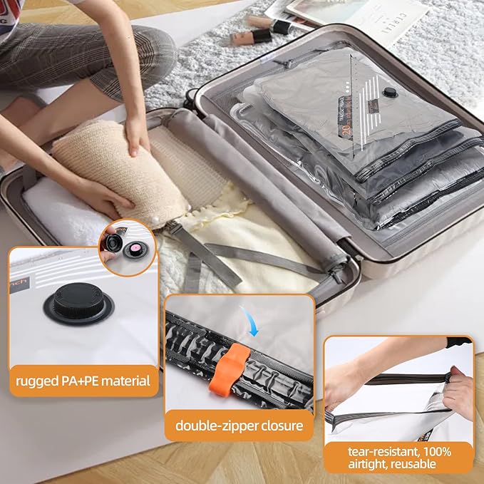 Vacuum Storage Bags For Clothes With Rechargeable Air Pump, 9 Pack Compression Packing Bags For Luggage, Space Saver Bags For Travel, Carry-On Size Vacuum Seal Bags