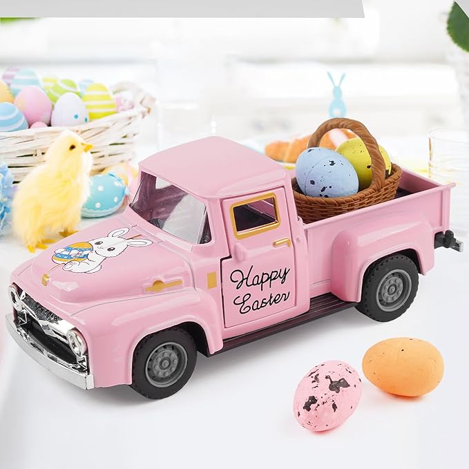 Spring Truck Decor, Pink Egg Bunny Truck Decorations for Home Indoor, Mini Basket Eggs Truck Tiered Tray Decor, Spring Rustic Farmhouse Kitchen Tabletop Decorations for Office