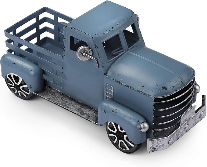 Blue Truck Decor Metal Small Cute Farm Car Decor Vintage Tree Flowers Handcrafted Decor Blue Metal Car Gift Boxes Pickup Truck Model