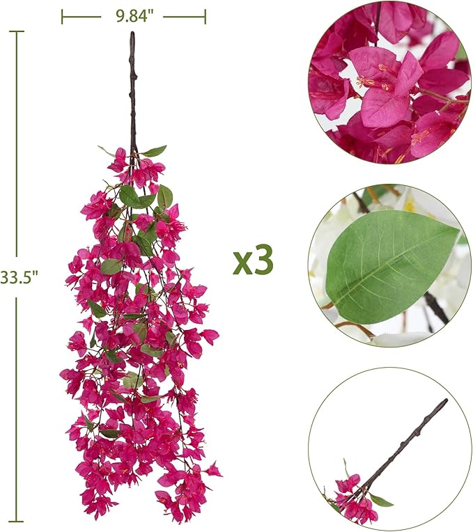 33.5" Bougainvillea Artificial Flowers Fake Pink Flowers, UV Resistant Long Sprays Artificial Bougainvillea Flowers for Indoor & Outdoor Decor, 3PCS Faux Hanging Flower for Home Room Wedding Porch