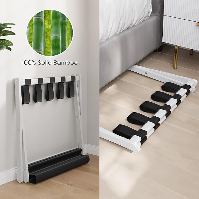 Luggage Rack, Folding Luggage Rack for Guest Room, White Bamboo Suitcase Stand Holds up to 131 lb, Luggage Stand with Storage Shelf for Hotel, Bedroom (1 Pack)