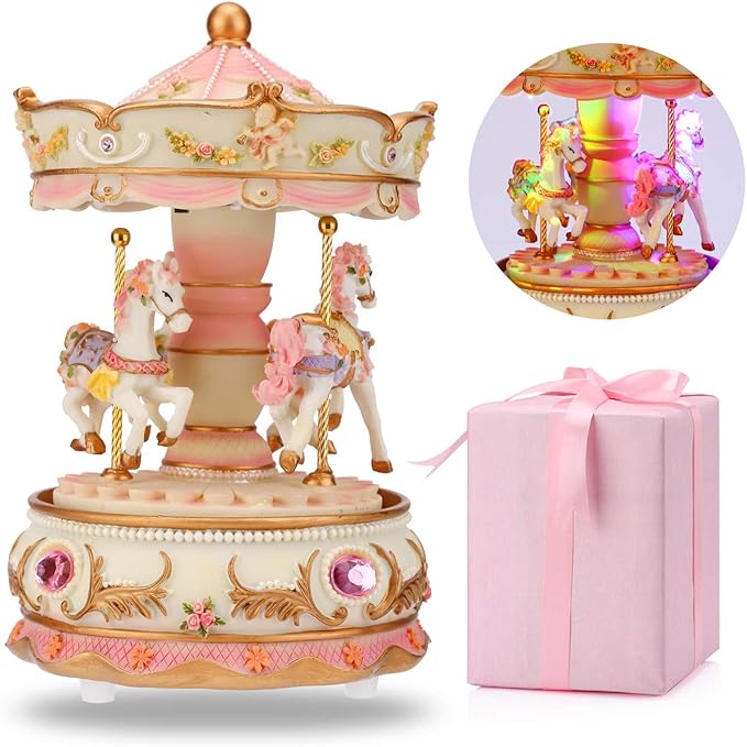 LOVE FOR YOU Gift-Wrapped Musical Carousel Music Box Color Lights Merry Go Round Horses Unicorn Decor Gifts for Girls and Daughter Granddaughter Niece Women Kids Christmas Birthday