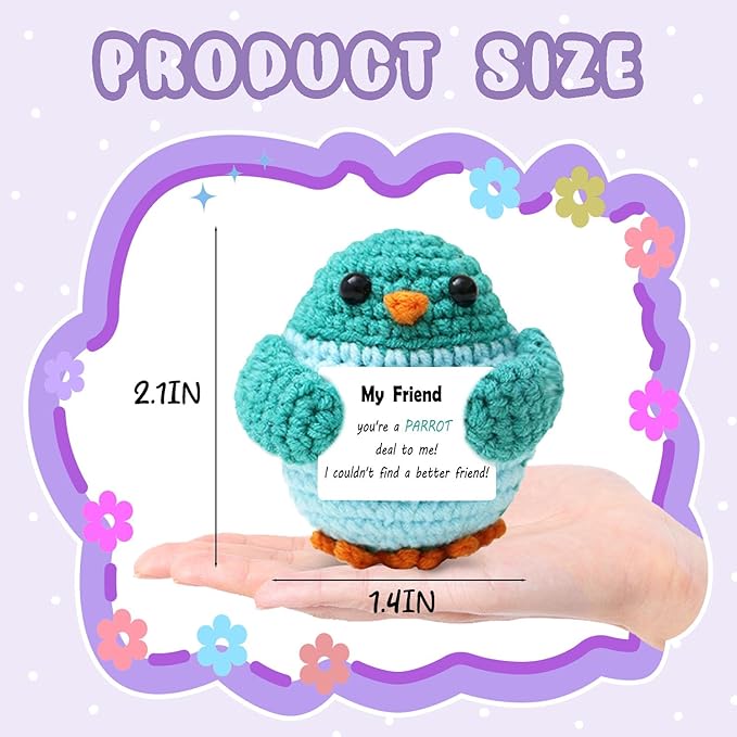 Funny Positive Crochet Parrot Birthday Gifts with Positive Card for Friends, Emotional Inspirational Support Cheer Up Christmas Stuff Gifts for Home Office Desktop Decor