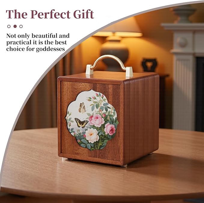 Wooden Jewelry Box for Women 4 Tier Walnut Wooden Jewelry Box with handle (Flower and butterfly prints B)
