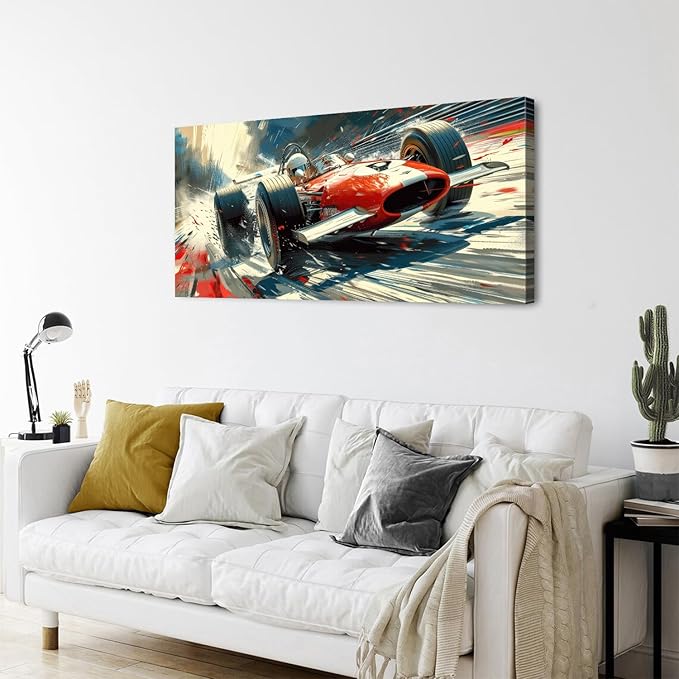 Abstract Race Car Wall Art Vintage Formula Racing Canvas Painting Car Posters Retro Open Wheel Speed Artwork for Boys Bedroom Man Cave Garage Office Living Room Home Decoration Motorsport Decor 24x48"