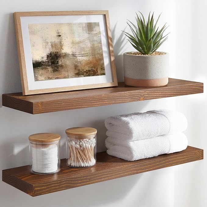 Homeforia Classic Walnut 24 inch Floating Shelf, High End Solid Real Wood Small 24inch Floating Shelves for Wall Mounted, 24in Floating Shelves, Heavy Duty Bracket, 24 X 6.5 X 1.75 inches, Set of 3