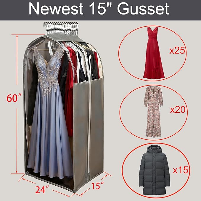 15" Gusseted Long Dress Bags for Gowns,60" Clear Garment Bags for Hanging Clothes, Completely Sealed Storage Covers and Dust-proof Protector with Full Heavy-duty Side Zipper for Travel, 4-Pack
