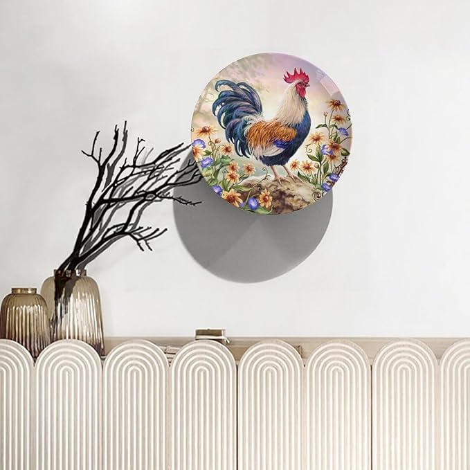 Rooster Decorative Plates, 6inch, Rooster on Stone Round Display Plate, Hanging Decorative Plate with Display Stand, for Kitchen Party Coffee Table Decor Art