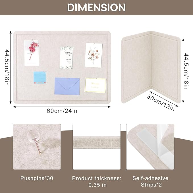 Thboxes Bulletin Board, 24" x 18" Foldable Cork Board Felt Pin Boards with 30 Pushpins Self-Adhesive Photo Decorative Felt Boards for Walls, Office, School, Classroom, Home, Bedroom - Oatmeal