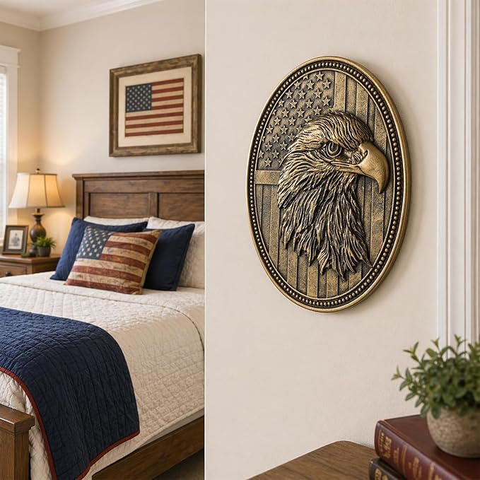 Vintage American Eagle Wall Sculpture, Antique Wall Decor, 4th of July Decor, Hand Painted Wall Decoration with Embossed Eagle Design, 250 Anniversary USA Decor, Patriotic Decoration for Bedroom Living Room Hallway, Housewarming Gifts