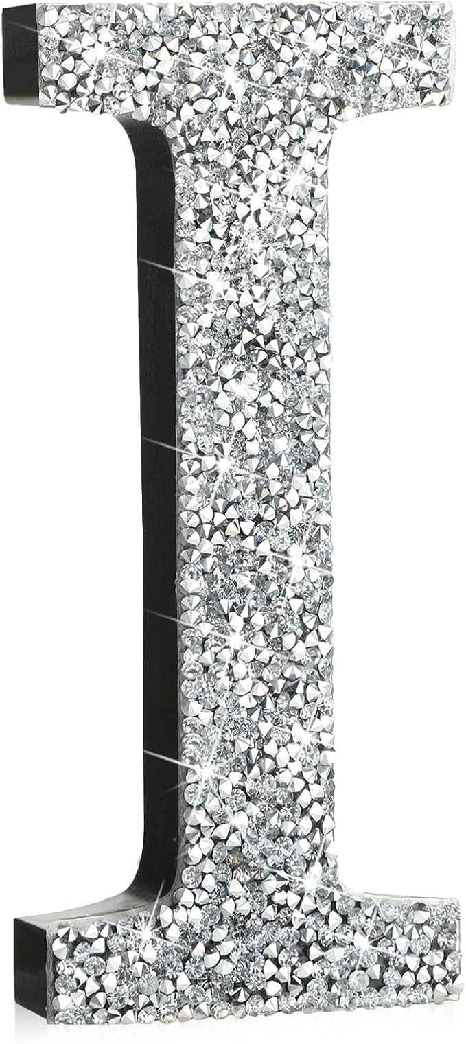 Qunclay 5.7" Silver Crystal Diamond Bling Letters Crushed Diamond Decoration Wooden Glitter Letter with Screw and Hooks Rhinestone Gift for Wedding Y2k Mcbling Bedroom Wall Decor (Letter I)