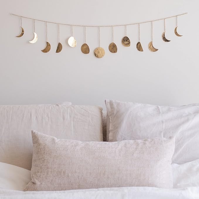 BASE ROOTS Moon Phase Wall Decor, Celestial Décor, Moon Décor & Boho Wall Décor, Gold Wall Art for Bedroom & Living Room, Bohemian Wall Decor, Handmade Hammered Metal 36" 13 Phases Moon Wall Decor, Gift for Women & Kids