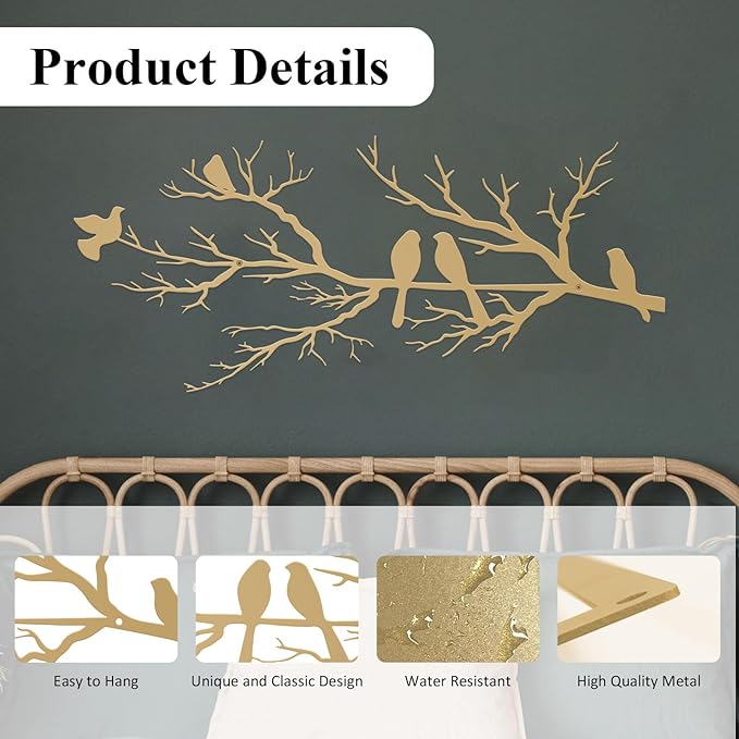 ESTART Metal Birds Wall Art, Metal Vivid Birds on Branch Silhouette Wall Decor Gold Leaves with Bird Outdoor Hanging Wall Sculpture for Home Living room Bedroom Balcony Garden (Gold, Small)