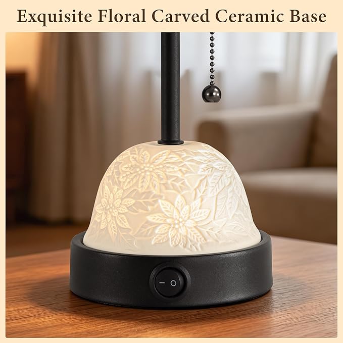 SIBRILLE Table Lamp for Bedroom, Dual Light Nightstand Lamp with Fabric Shade & Ceramic Carved Night Light Base, Individual Controls Bedside Lamp for Living Room, 8W LED Bulb Included