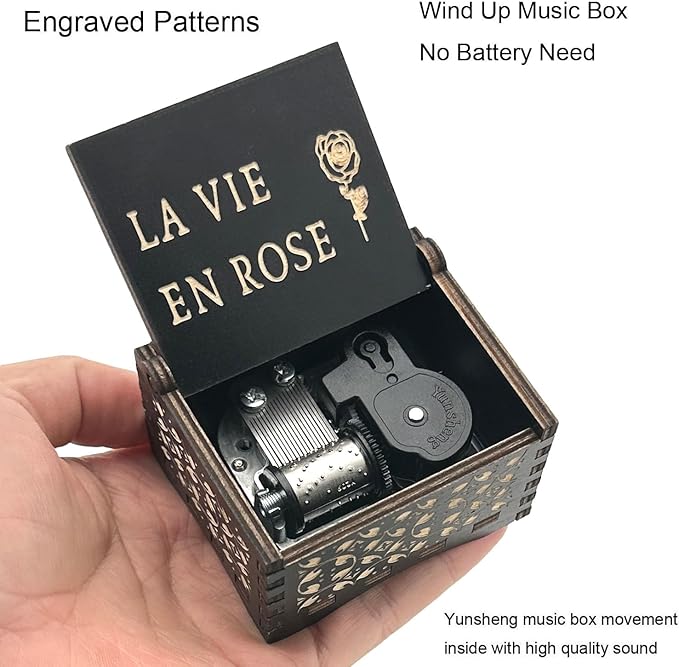 Pursuestar Wind Up Music Box -La Vie En Rose, Vintage Engraved Wood Mechanism Musical Gifts for Mother's Day Valentine's Day Anniversary Birthday Christmas Thanksgiving