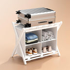 White Bamboo Luggage Rack with 4 Storage Compartments ，Foldable Suitcase Stand, Luggage Rack for Guest Room , 150lbs Capacity, Sturdy,