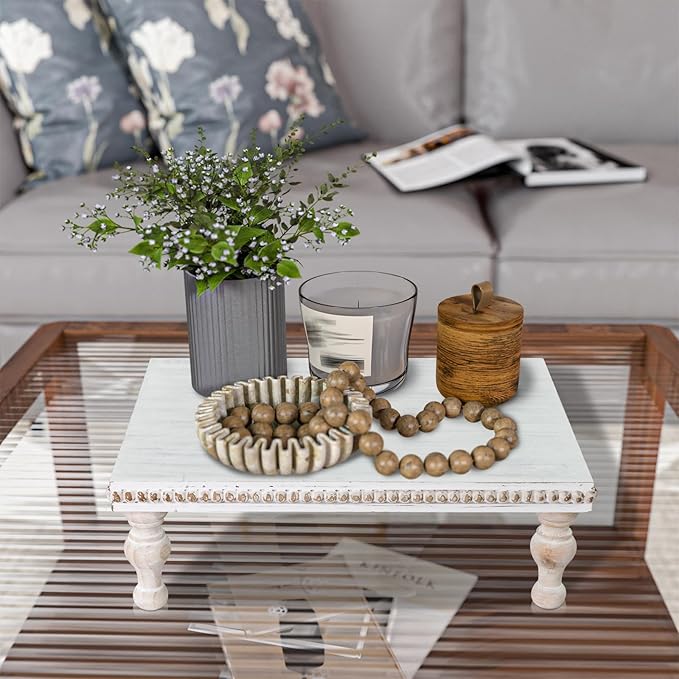 MAONAME Wood Display Risers Decorative Tray, Farmhouse Pedestal Stand for Display Home Decor, Vintage White Beaded Wooden Tray for Kitchen Counter, Short and Tall Footed