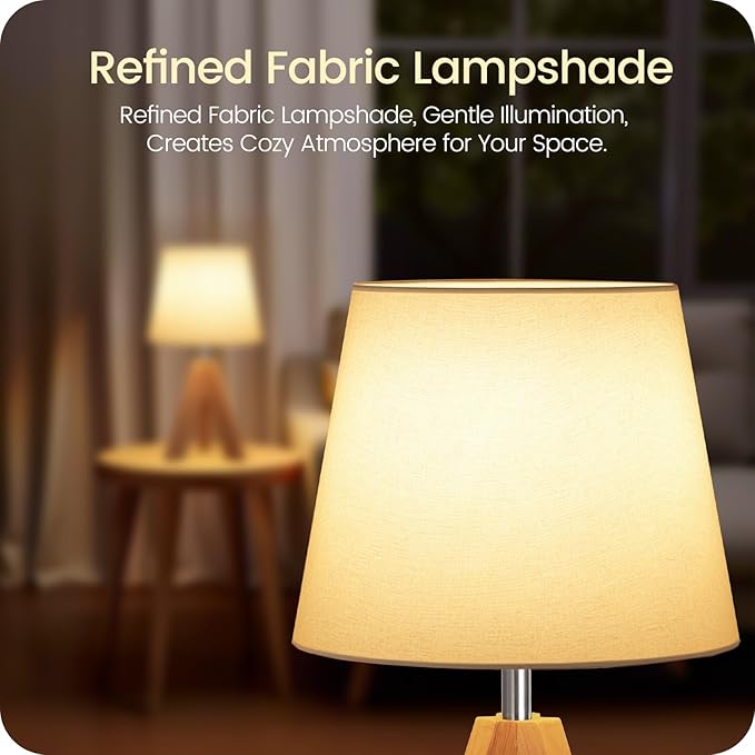 Small Tripod Table Lamp, Modern Nightstand Lamp with Fabric Shade, Boho Bedside Wood Desk Light for Bedroom, Kids Room, Living Room, Office, Study, White, W51TL05