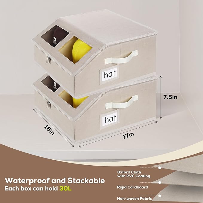2 Pack Hat Storage for Baseball Caps-Holds Up to 48 Caps, Hat Organizer for Closet Stackable Hat Box with Cardboard, Dustproof Baseball Cap Organizer with 2 Handles for Home Travel (Beige, 2Pack)