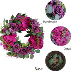 Artificial Purple Rose Wreaths 20 inches Front Door Wreath with Hydrangea Green Leaves Artificial Spring Wreaths Valentines Mother's Day Wreath for Wall Wedding Party Home Decor (Purple)