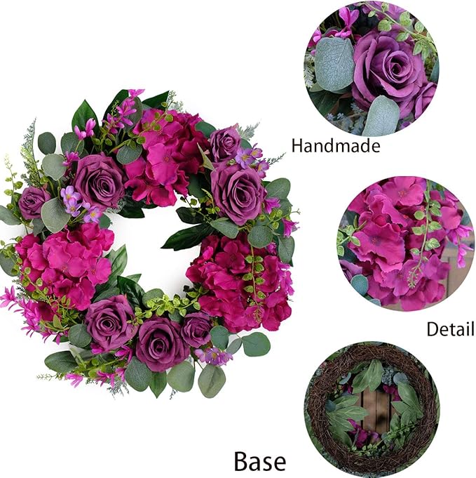 Artificial Purple Rose Wreaths 20 inches Front Door Wreath with Hydrangea Green Leaves Artificial Spring Wreaths Valentines Mother's Day Wreath for Wall Wedding Party Home Decor (Purple)