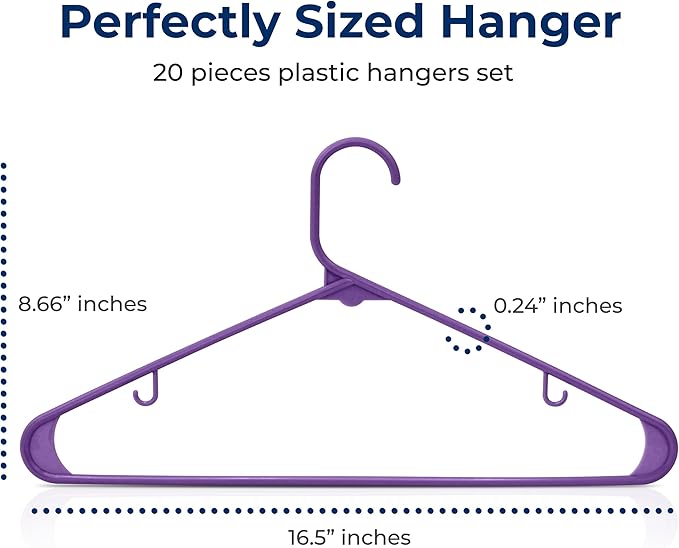 SereneLife Premium 20 Pack Plastic Hangers, Lightweight, Durable, Space Saving Clothes Organizers, Suitable for Shirts, Sweaters, Hoodies, Dresses, Kids Clothes, Good for Home Organization (Purple)
