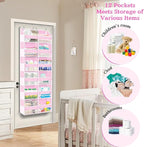 Over The Door Organizer 6 Tiers, Extra Large Behind Door Storage of 12 Compartments, 80 lbs Weight Capacity Hanging Storage Organizer with Clear Window Kids Toys,Shoes,Diapers,Room Storage,Pink
