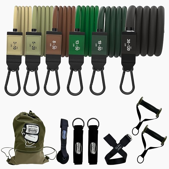 Bodylastics Patented Basic Series Resistance Band Set - 5 Resistance Bands with Snap Reduction Tech, 2 Handles, 2 Ankle Straps, 1 Door Anchor & 1 Carry Bag